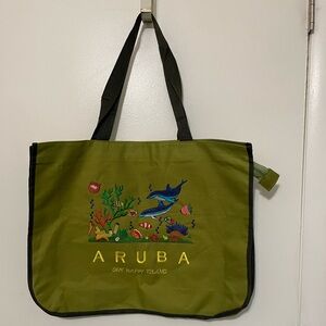 Aruba Avocado Green Embroidered Sea life Large vacation Travel Beach Tote bag